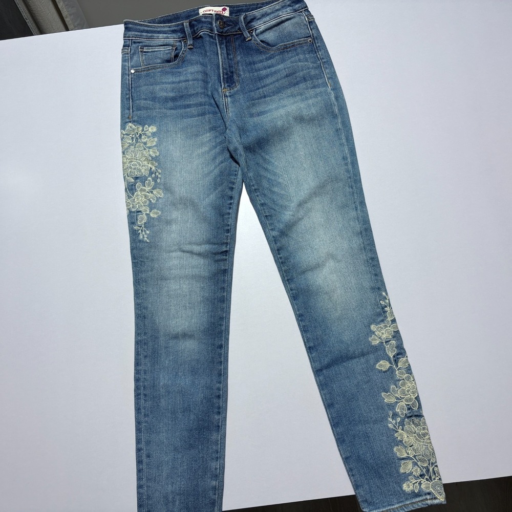 Driftwood Jackie Skinny Jeans Mid Rise Floral Embroidered Pants Womens 26x28
